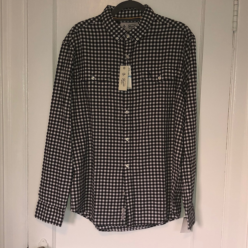 Classic Black&White Flannel Mens Shirt- Penguin
